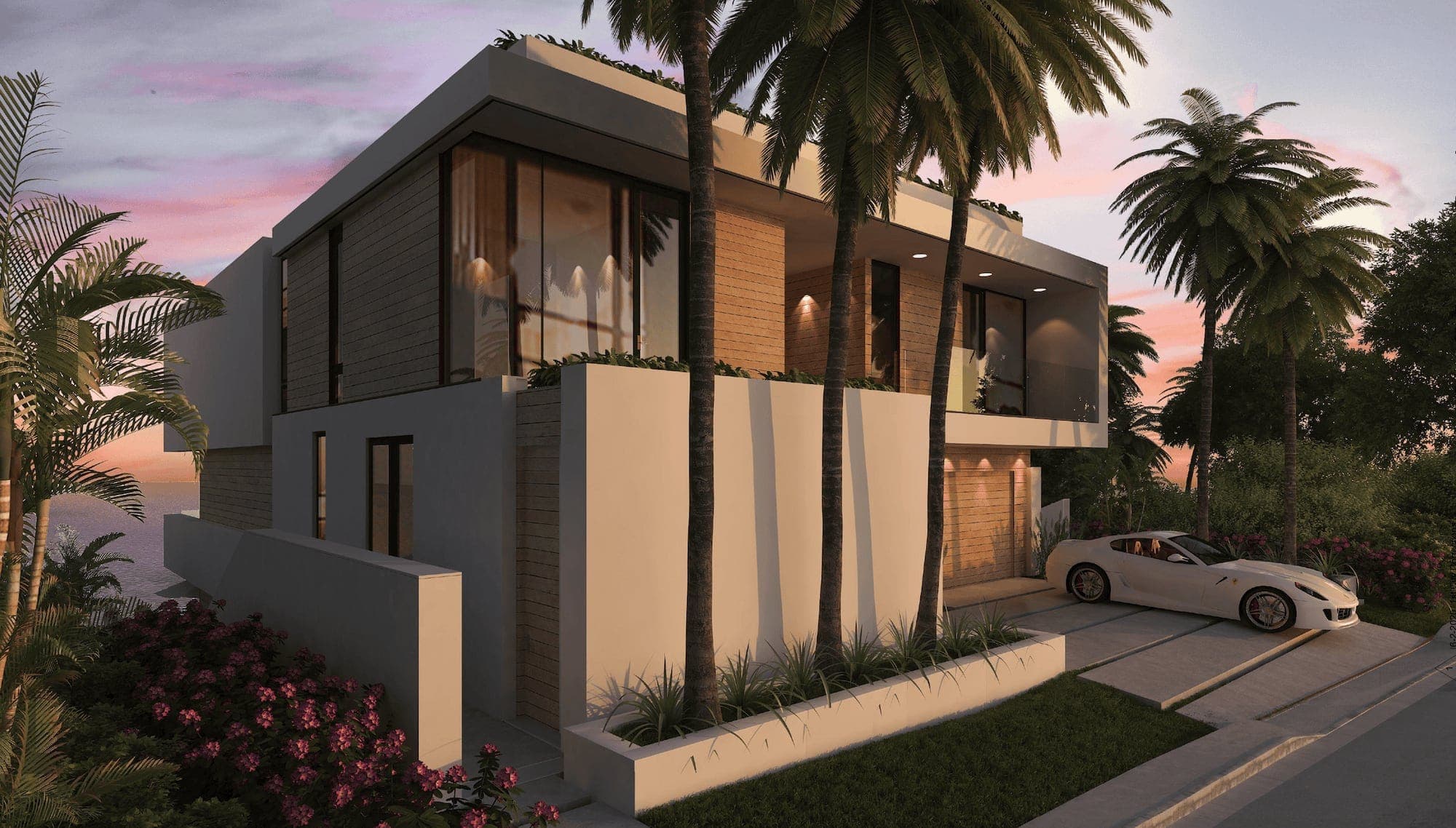 A modern coastal home among palms at dusk, stone and wood volumes over a quiet entry.