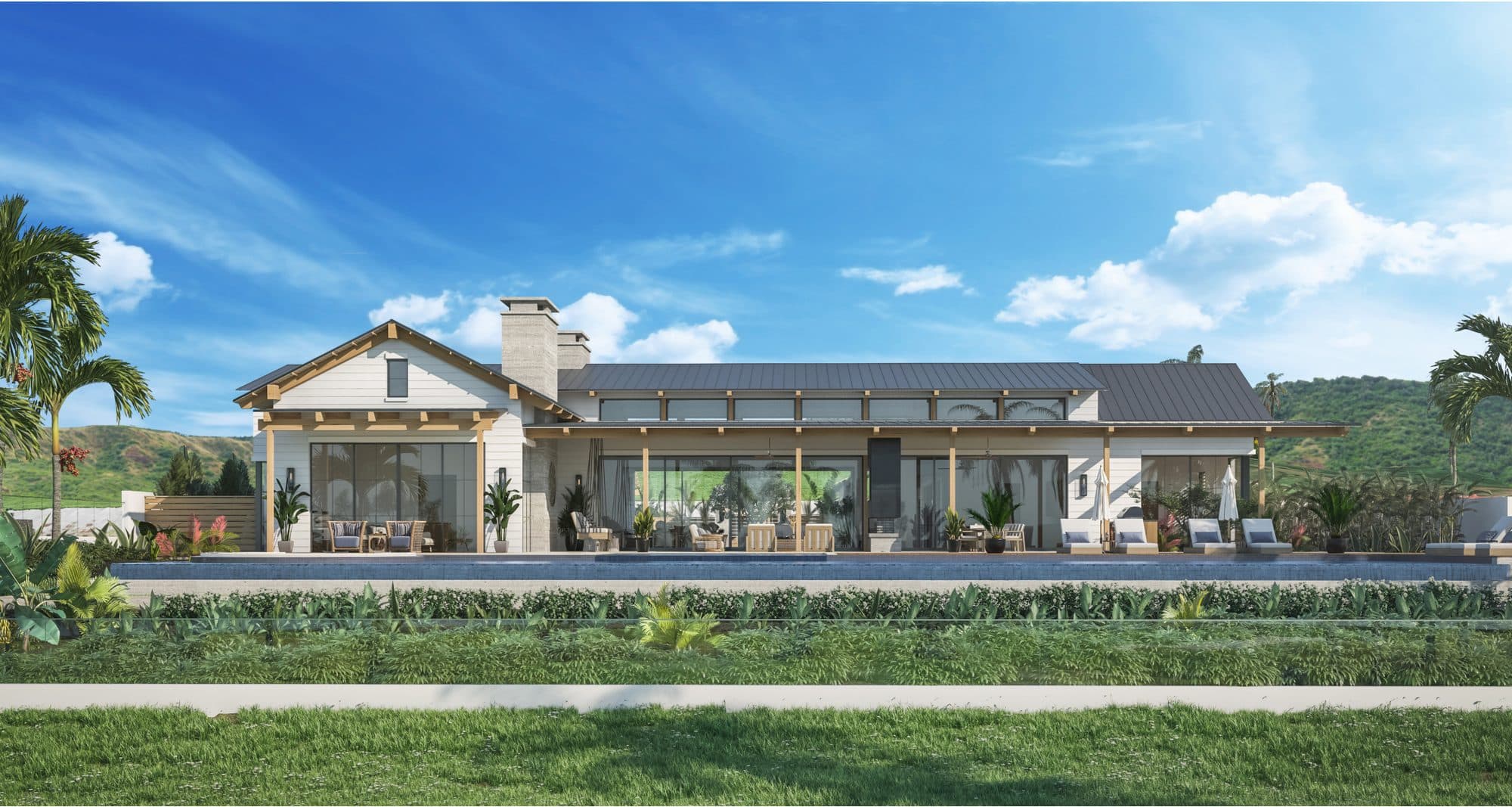 A rendering of Kauai I, a white plantation-style home with a standing-seam roof and wide lanai opening onto a lawn and pool in Poipu.