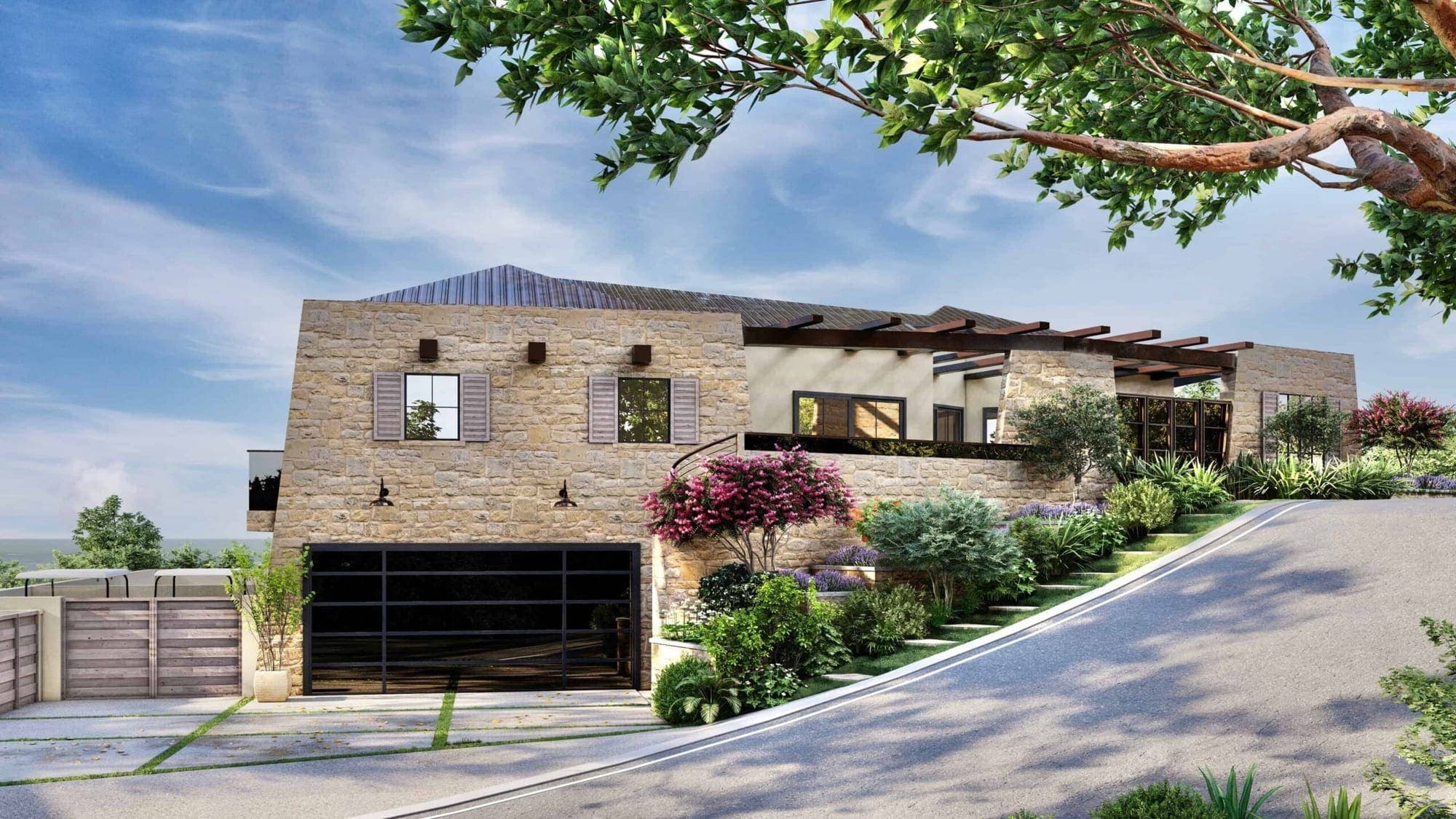 A rendering of a stone and stucco hillside home in Three Arch Bay, Laguna Beach, with terraced gardens.